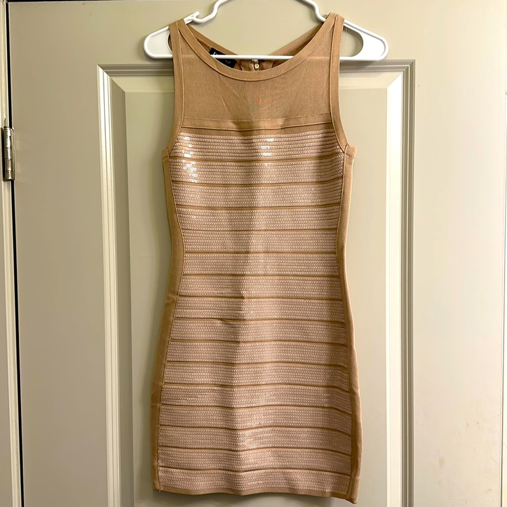 BEBE l Tan Sequin Mesh Top Bodycon Dress